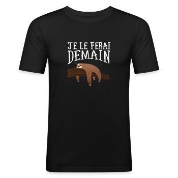 Je Le Ferai Demain- Paresseux - T-shirt près du corps Homme - noir - Devant - Nik (191cm)