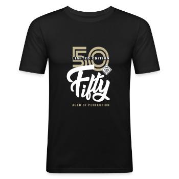 50 år Femtio födelsedagspresent 50 år - Slim Fit T-shirt herr - svart - Fram - Nik (191cm)