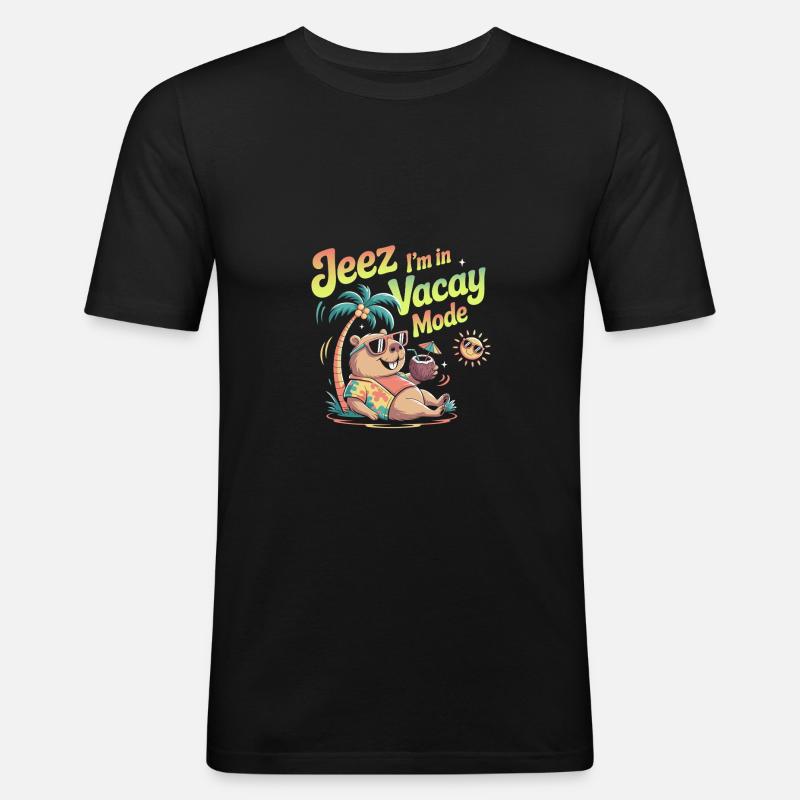 Jeez Vacay Mode Capybara - Männer Slim Fit T-Shirt - Schwarz