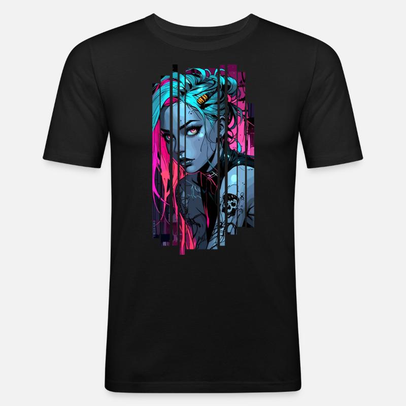 Neonblaues Cyber-Mädchen - Männer Slim Fit T-Shirt - Schwarz