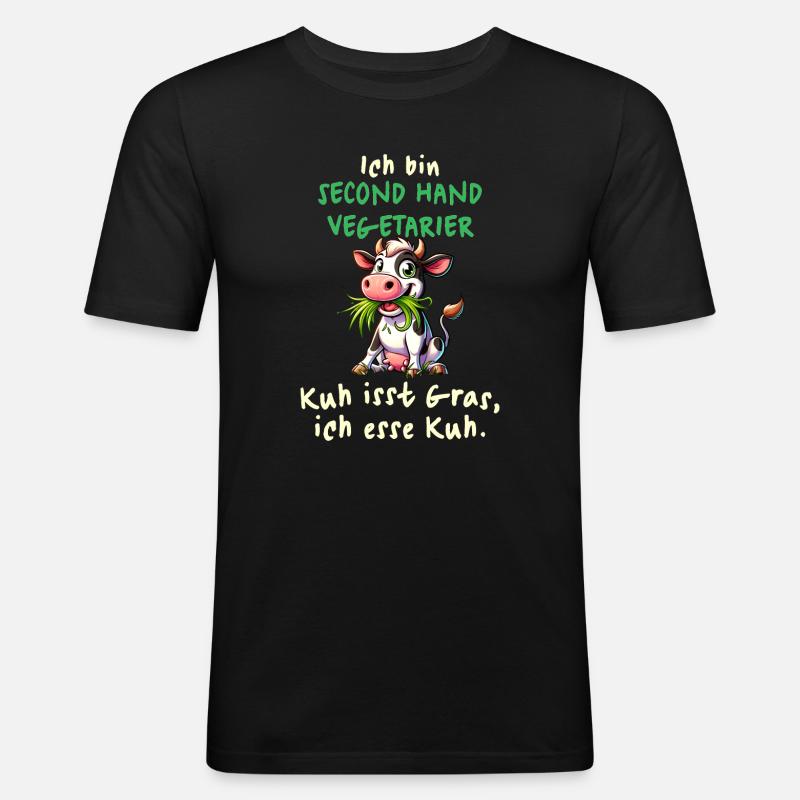 Second Hand Vegetarier – Lustiges Kuh-Design - Männer Slim Fit T-Shirt - Schwarz