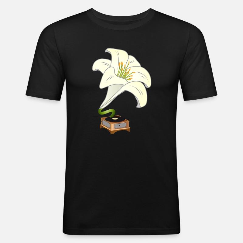 Lilie als Grammophon – Nostalgisches Blumendesign - Männer Slim Fit T-Shirt - Schwarz