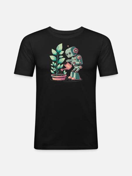 Robot qui arrose des plantes - T-shirt près du corps Homme - noir