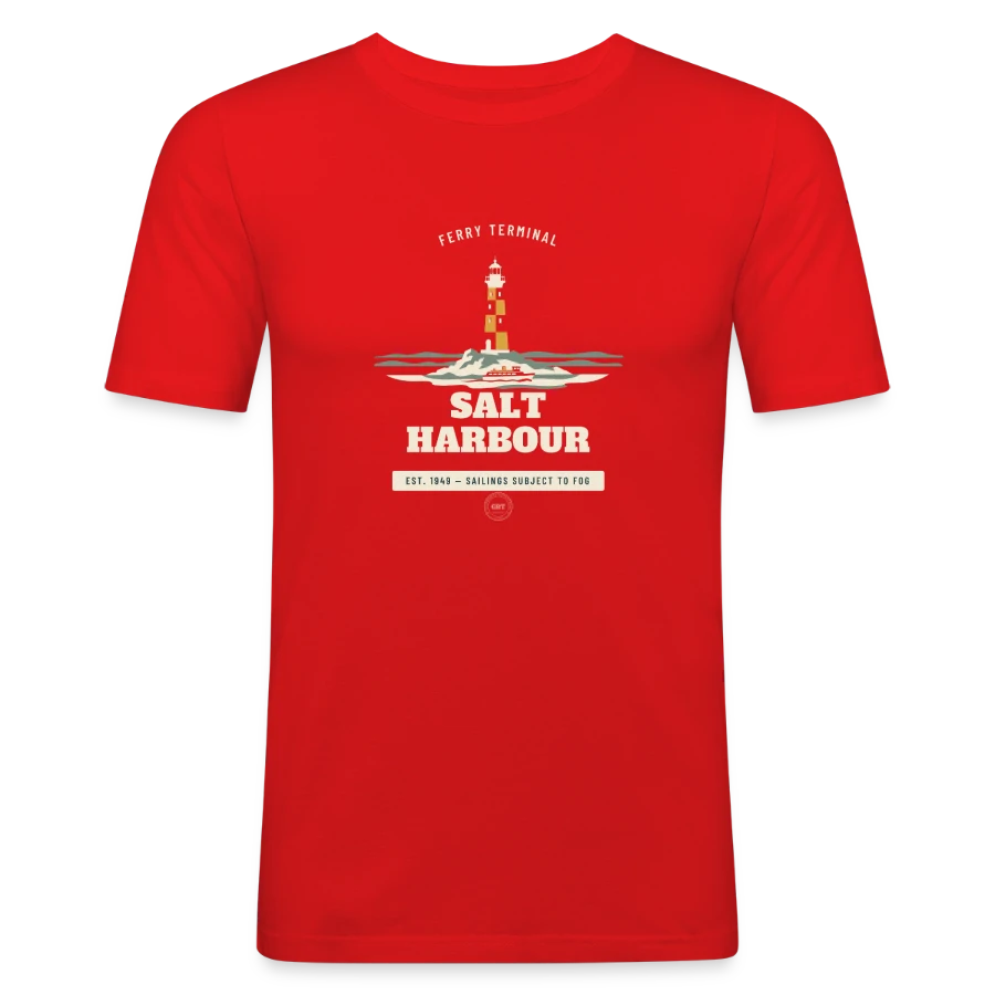 Salt Harbour badge on a men's slim fit t-shirt, red, front
