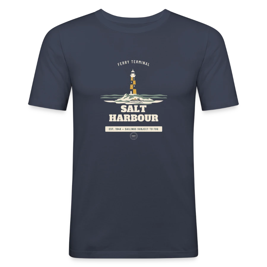 Salt Harbour badge on a men's slim fit t-shirt, navy, front