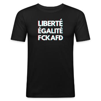 LIBERTÉ ÉGALITÉ FCKAFD – Statement Design - Männer Slim Fit T-Shirt - Schwarz - Vorne - Nik (191cm)
