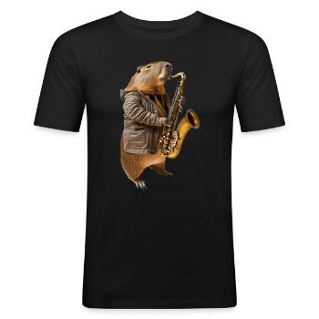 Capybara Saxophon - Männer Slim Fit T-Shirt - Schwarz - Vorne - Nik (191cm)