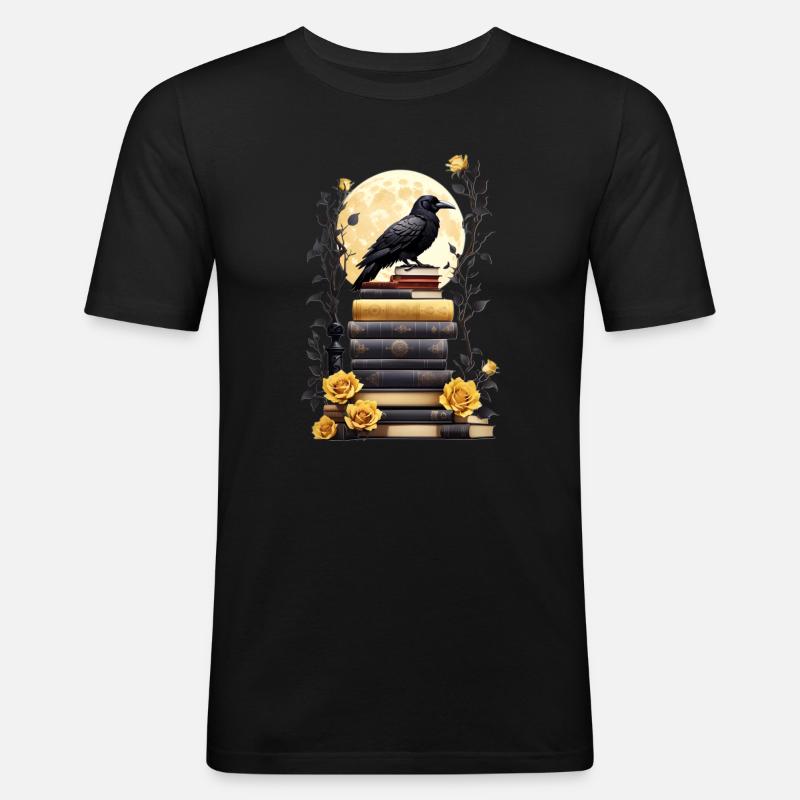 Bücherstapel mit Rabe - Männer Slim Fit T-Shirt - Schwarz