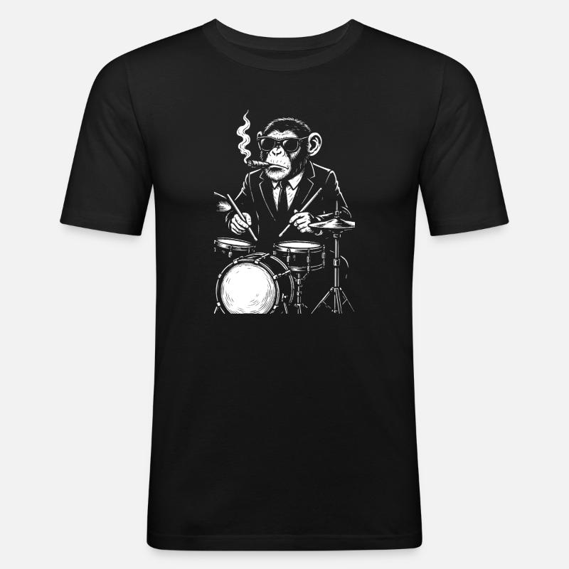 Affe mit Zigarre spielt Trommeln - Männer Slim Fit T-Shirt - Schwarz