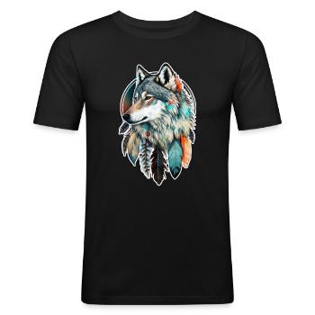 Wolf Aquarell Federn Indianer Wildtier Mandala - Männer Slim Fit T-Shirt - Schwarz - Vorne - Nik (191cm)