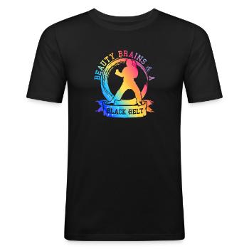 Beauty Brains und ein schwarzer Gürtel - Männer Slim Fit T-Shirt - Schwarz - Vorne - Nik (191cm)