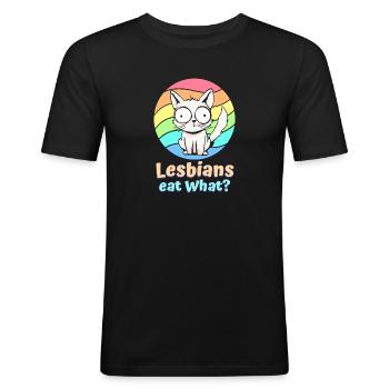 Lesbiennes Manger Ce Chat Drôle Humour Jeu De Mots LGBTQ Pride - T-shirt près du corps Homme - noir - Devant - Nik (191cm)
