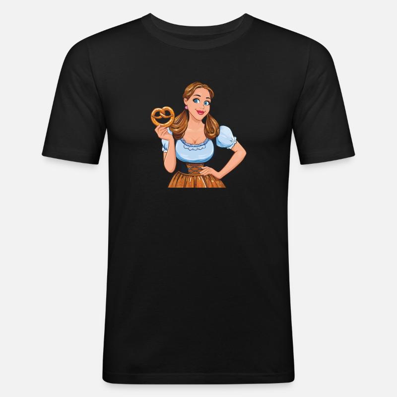 FRAU DIRNDL BREZEL - Männer Slim Fit T-Shirt - Schwarz