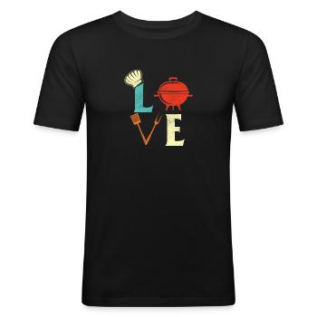 Love - BBQ Pitmaster Grilling Barbecue - T-shirt près du corps Homme - noir - Devant - Nik (191cm)
