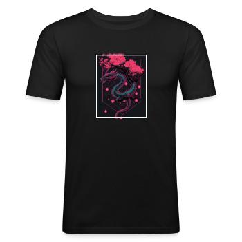Dragon Japon Cerisier Fleur Montagnes Neon Rétro Fable - T-shirt près du corps Homme - noir - Devant - Nik (191cm)
