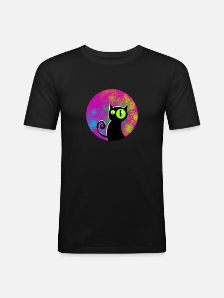 Schwarze Katze mit leuchtenden Augen - Männer Slim Fit T-Shirt - Schwarz