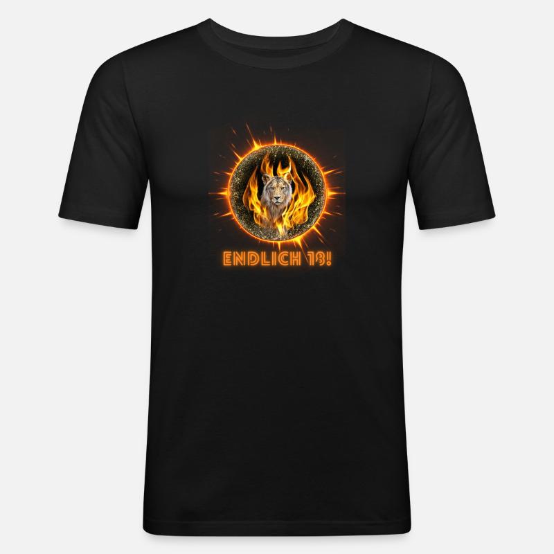 Endlich 18 - Löwe mit Flammenmähne - Männer Slim Fit T-Shirt - Schwarz