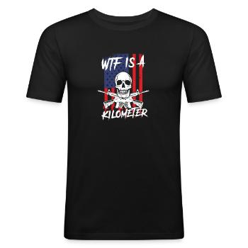 WTF Is A Kilometer Internet Meme Skeleton USA - Männer Slim Fit T-Shirt - Schwarz - Vorne - Nik (191cm)