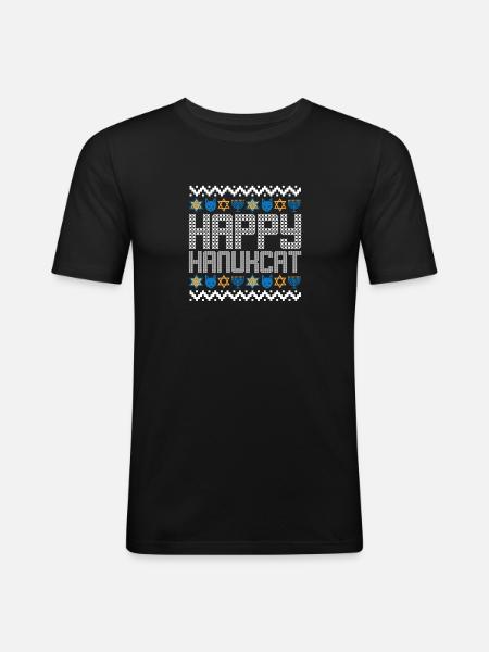 Happy Hanukcat Hanukkah Jewish Ugly Christmas Cat - Men's Slim Fit T-Shirt - black