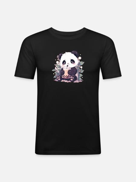 Kawaii Panda Drankjes Boba Bubble Tea Chibi - Mannen slim fit T-shirt - zwart