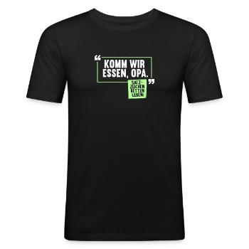 Komm wir essen, Opa. Satzzeichen retten Leben - Männer Slim Fit T-Shirt - Schwarz - Vorne - Nik (191cm)