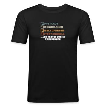 PAPA – Pupst laut, Am schnarchen, Piselt daneben - Männer Slim Fit T-Shirt - Schwarz - Vorne - Nik (191cm)