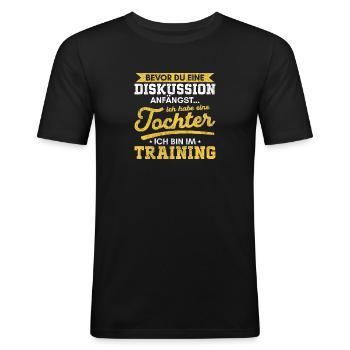 Discussion : humour professionnel et nerfs solides pour les parents - T-shirt près du corps Homme - noir - Devant - Nik (191cm)