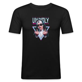 Provocative and expressive – rebellious fashion - Men's Slim Fit T-Shirt - black - Front - Nik (191cm)