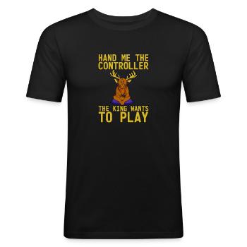 Donnez-moi la manette, le roi veut jouer 4 - T-shirt près du corps Homme - noir - Devant - Nik (191cm)