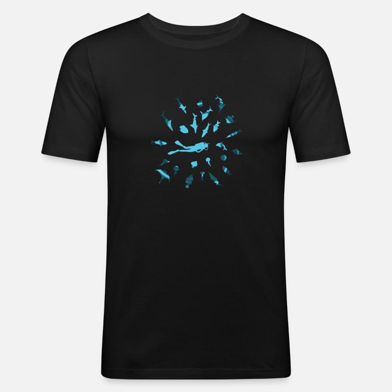 Tauchen mit Fish - Männer Slim Fit T-Shirt - Schwarz
