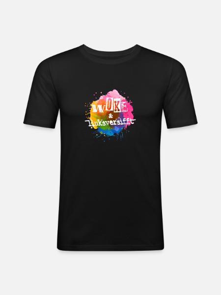 Selbstironie: WOKE & linksversifft - Männer Slim Fit T-Shirt - Schwarz