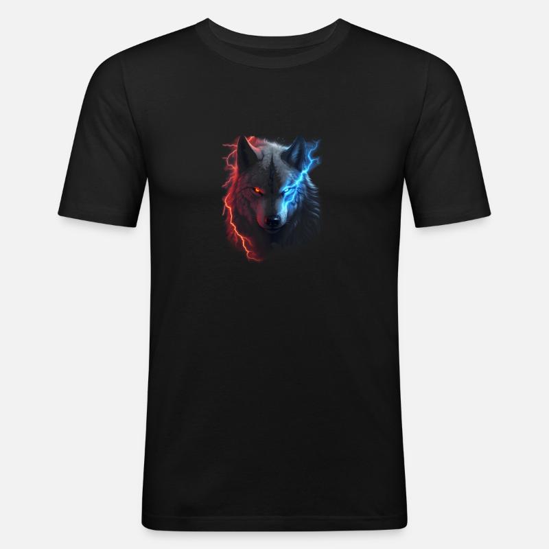 Roter und blauer Blitzwolf - Männer Slim Fit T-Shirt - Schwarz
