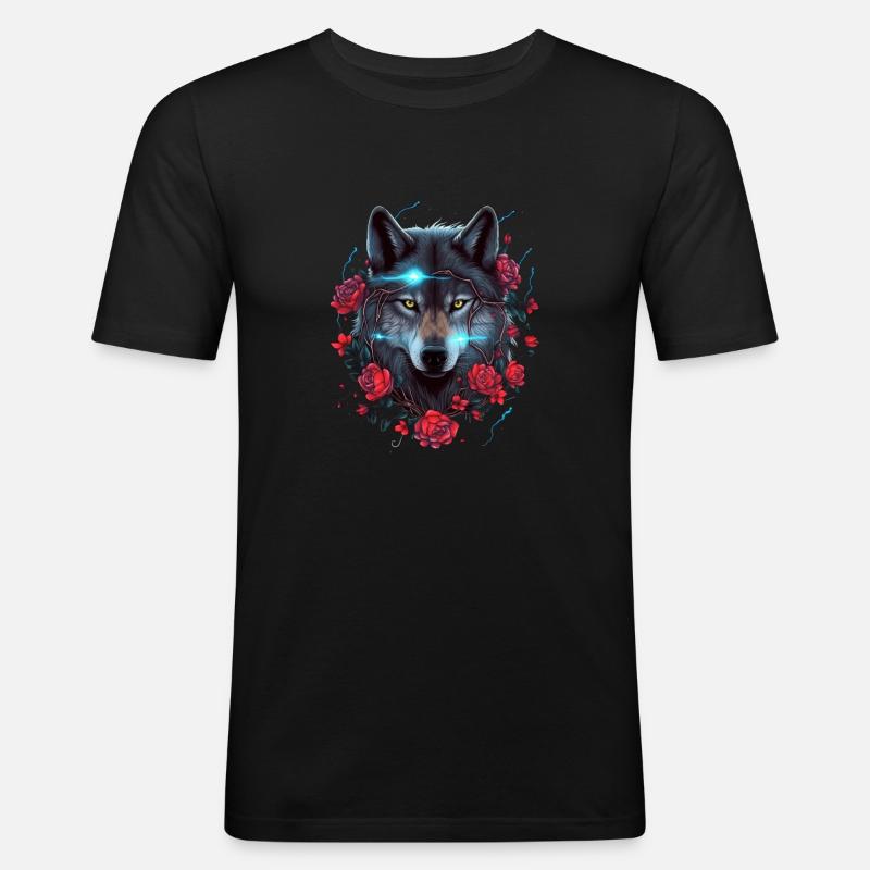 Wolf und Rosen Blitz - Männer Slim Fit T-Shirt - Schwarz