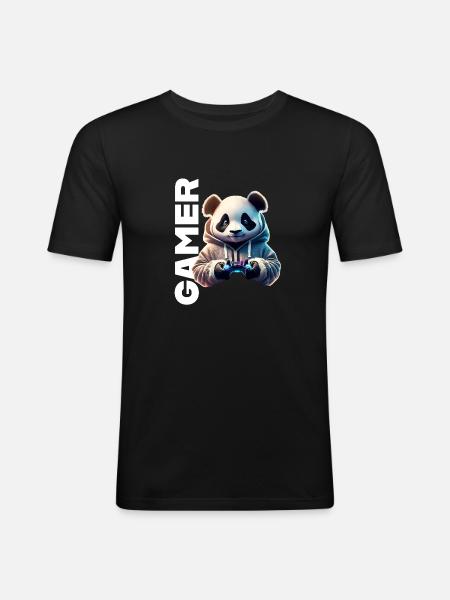 Gamer lettering with cool panda - Men's Slim Fit T-Shirt - black
