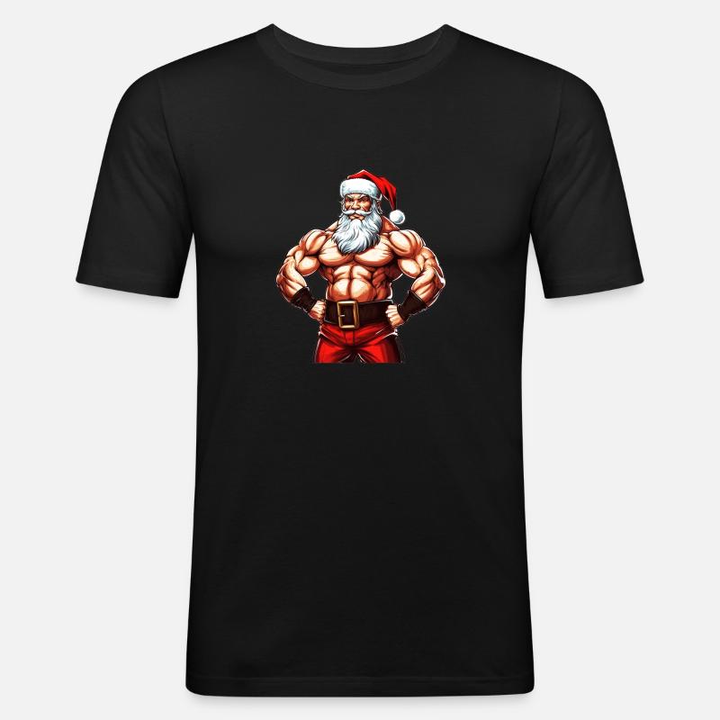 Santasaurus Flex: Weihnachts-Bodybuilder mit Weihnachtsmann - Männer Slim Fit T-Shirt - Schwarz