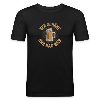 Der Schöne und das Bier - Männer Slim Fit T-Shirt - Schwarz - Vorne - Nik (191cm)