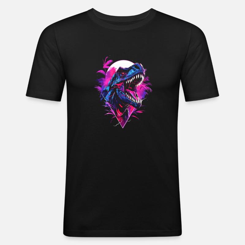 Synthwave T Rex - Männer Slim Fit T-Shirt - Schwarz