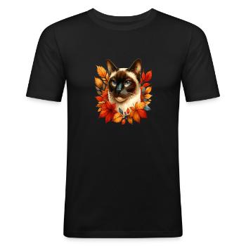 Herbstliche Katze - Männer Slim Fit T-Shirt - Schwarz - Vorne - Nik (191cm)