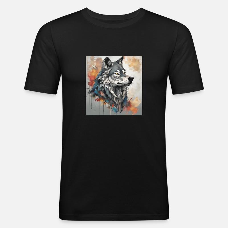 Wolf mit Farbflecken Hintergrund. - Männer Slim Fit T-Shirt - Schwarz