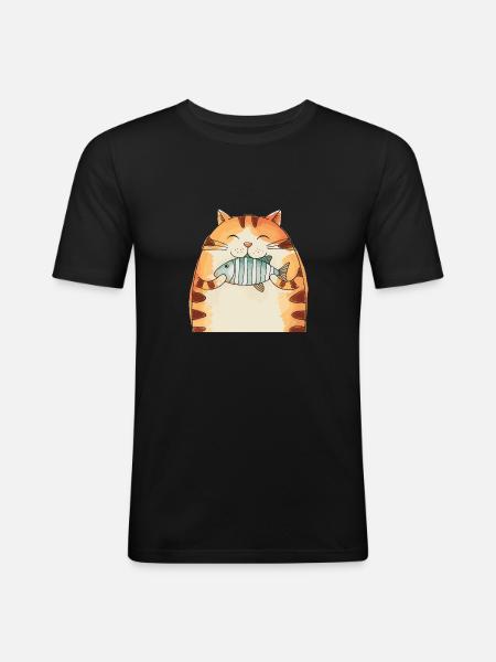 Cheerful cat with fish hug - Men's Slim Fit T-Shirt - black