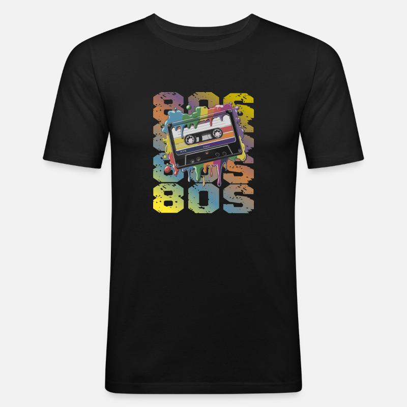 80s Retro Kassette Regenbogen Nostalgie - Männer Slim Fit T-Shirt - Schwarz