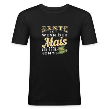 Ernte ist, wenn der Mais von oben kommt - Männer Slim Fit T-Shirt - Schwarz - Vorne - Nik (191cm)