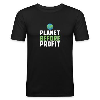 Planet vor Profitklimawandel-Protestslogan - Männer Slim Fit T-Shirt - Schwarz - Vorne - Nik (191cm)