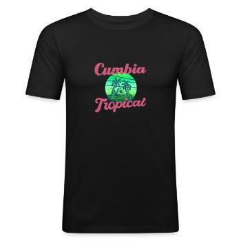 Cumbia Tropical Slim Fit Produkt - Männer Slim Fit T-Shirt - Schwarz - Vorne - Nik (191cm)
