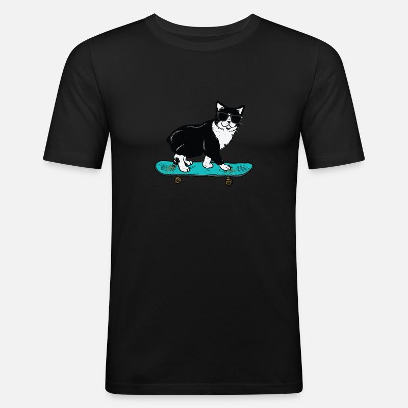 Funny Cat Skateboarding - Männer Slim Fit T-Shirt - Schwarz