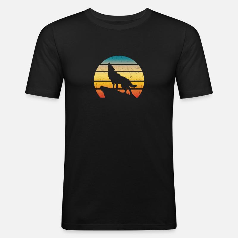 Retro Wolf - Männer Slim Fit T-Shirt - Schwarz