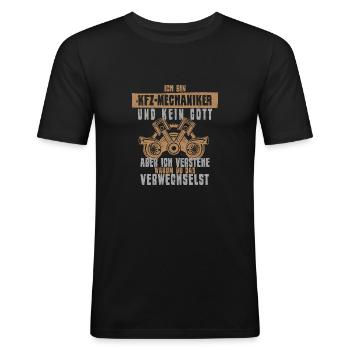 Werkstatt Schrauber Gott Design für KFZ-Mechaniker - Männer Slim Fit T-Shirt - Schwarz - Vorne - Nik (191cm)