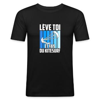 Lève toi et fais du kitesurf | Design kite - T-shirt près du corps Homme - noir - Devant - Nik (191cm)