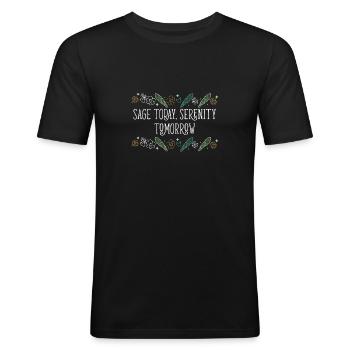 Sauge brûlante aujourd’hui Sérénité demain Smudge - T-shirt près du corps Homme - noir - Devant - Nik (191cm)