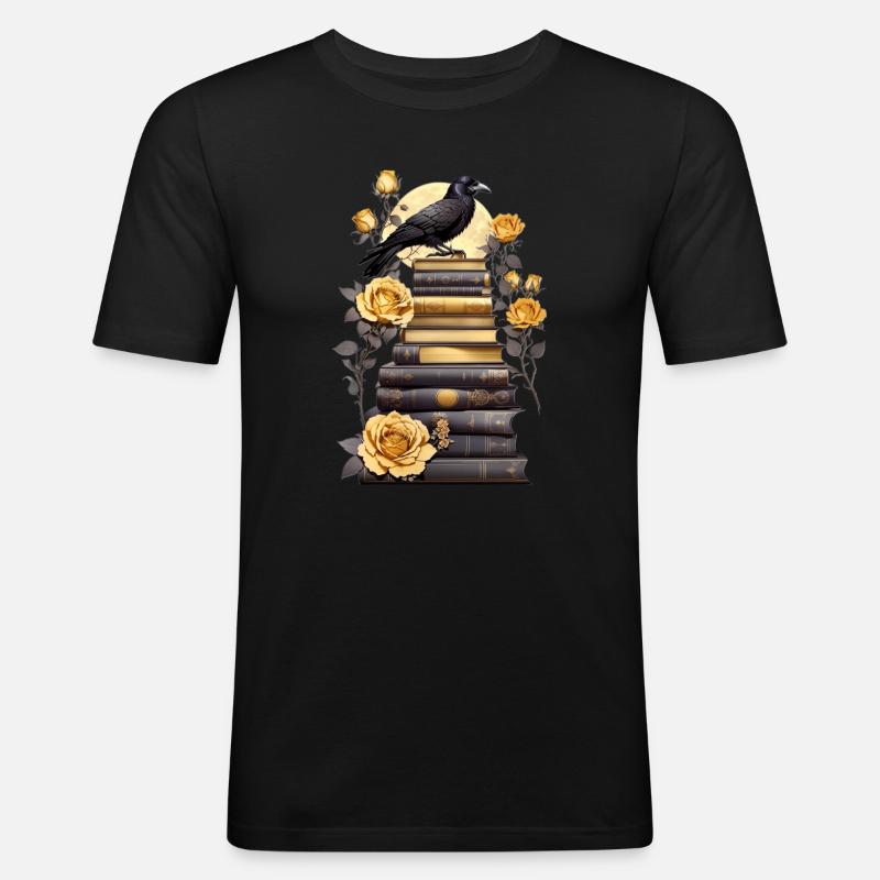 Bücherstapel mit Rabe - Männer Slim Fit T-Shirt - Schwarz